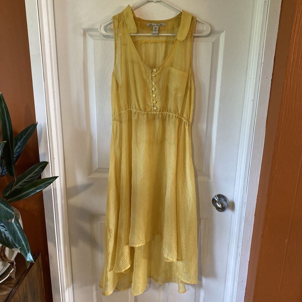 American Rag Dress Women’s Size Large Yellow Checked Sheer Pocket Button Summer